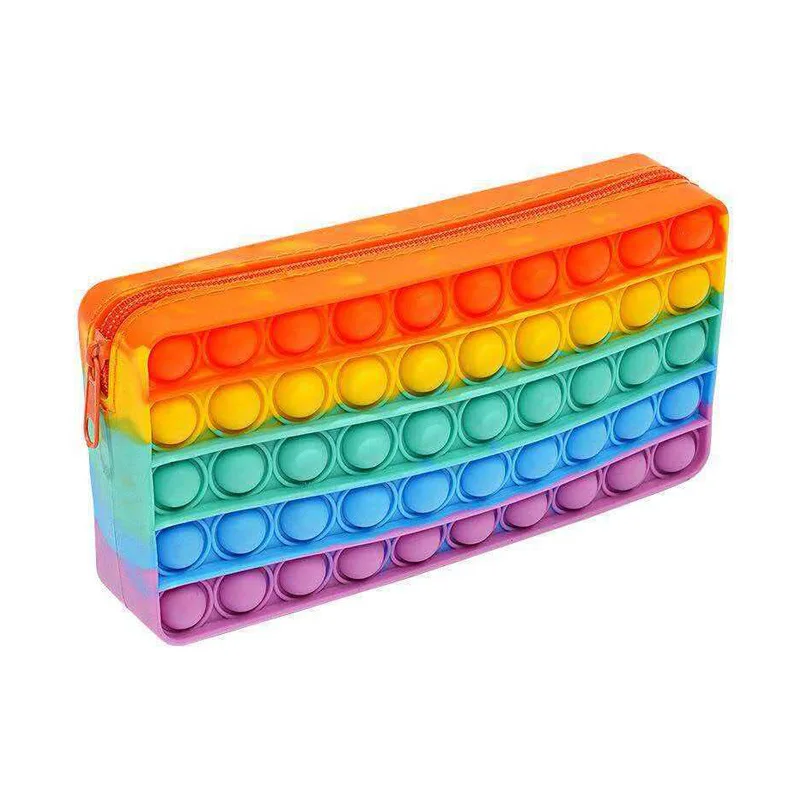 Rainbow Pencil Case Silicone Push Bubble Fidget Toys Stationery Storage Bag Decompression For Kids Back School Season Gifts