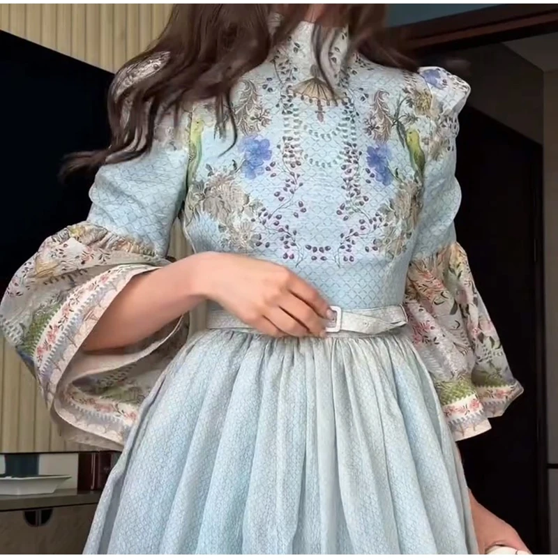 Elegant Floral Printed Women's Dress Stand Collar Full Puff Sleeve A-line Long Dresses 2026 Summer Vacation Party Lady Robes
