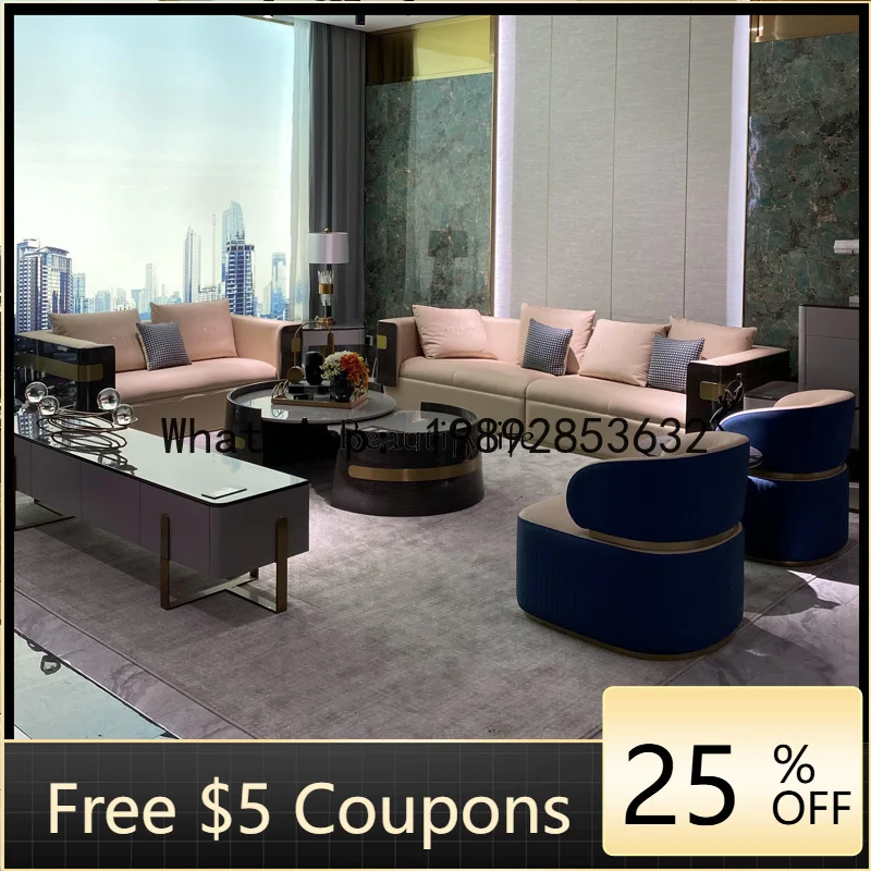 

Z1 Light Luxury Genuine Leather Sofa Set Villa Living Room Combination Furniture Postmodern Hong Kong Style