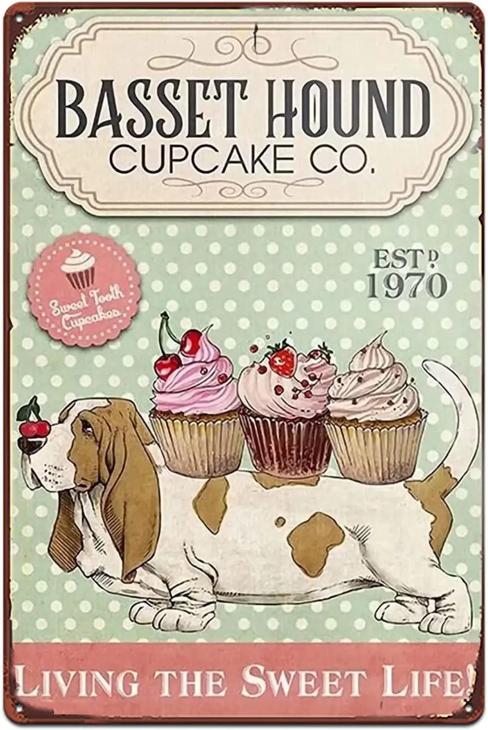 Basset Hound Cupcake Co Metal Tin Signs Cute Dog Retro Plaque Poster Signs for Farmhouse Home Room Bar 8inch X 12inch