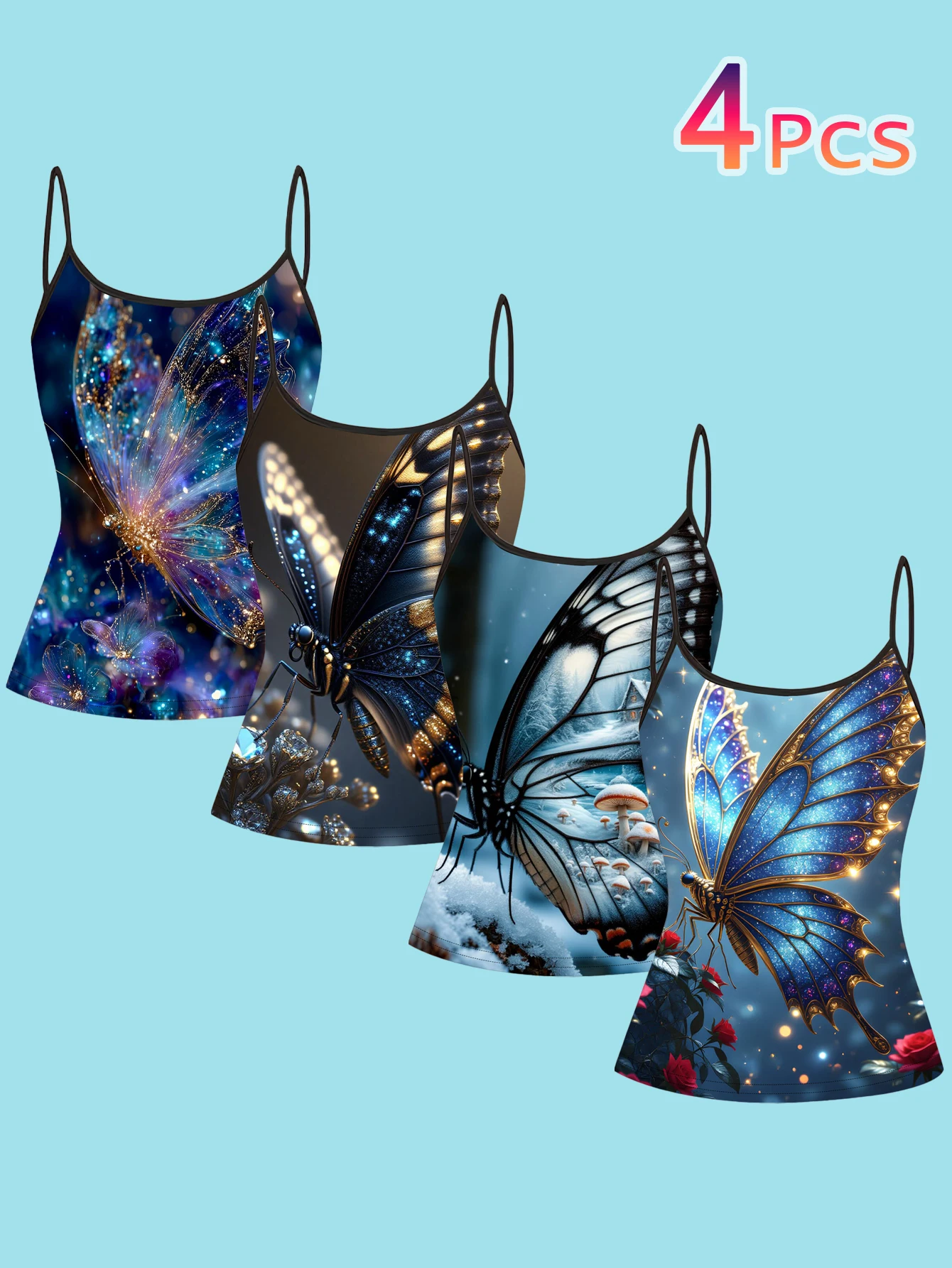 4-Piece Set of Dreamy Gold Butterfly-Themed Camisole Set with Starry Sky and Ice Butterfly Patterns, Slim-Fit Women's Inner Wear Tank Top