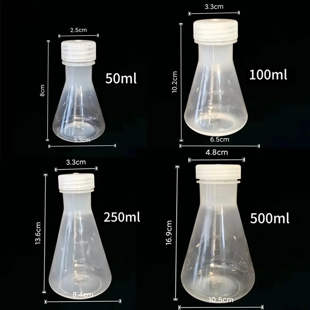 Frasco Erlenmeyer de Plástico de 50ml/100ml/250ml/500ml, Vaso Graduado de Plástico con Tapa de Rosca