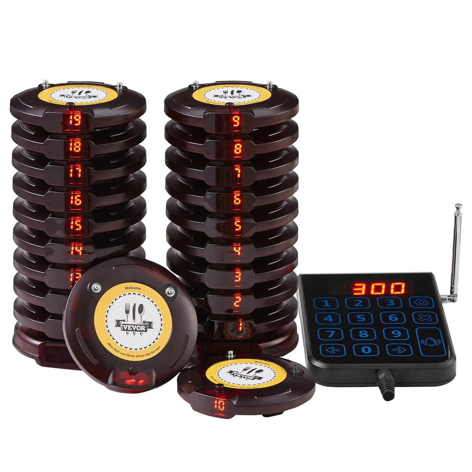 

Wireless 500m Range Restaurant Pager System 20 Beepers For Queue Signal Guest Calling Vibration Flashing Buzzers For Church Food