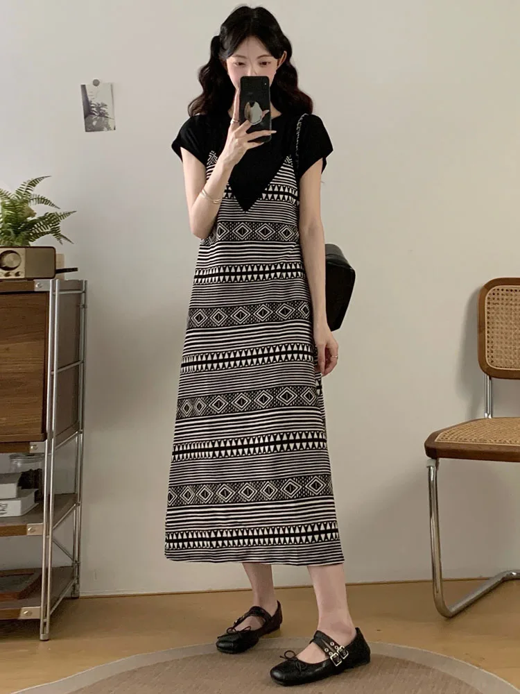 NYFS 2025 صيف جديد فضفاض حجم كبير فستان المرأة الكورية نمط اثنين من وهمية قصيرة الأكمام فستان طويل Elbise Vestidos Elbise