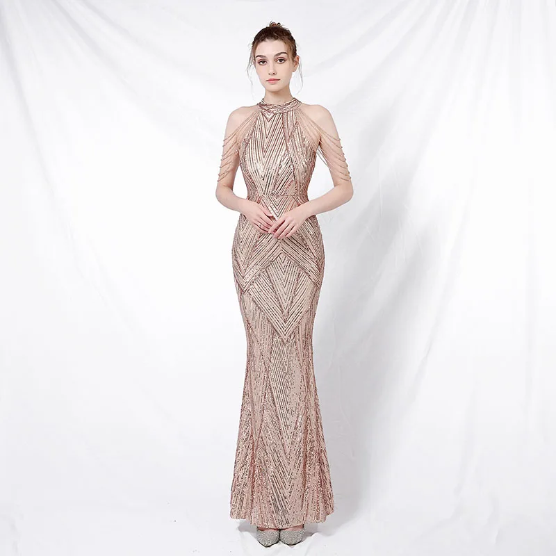 

2025 New Luxury Banquet Style Elegant Long Necklace Beaded Floor-Length Evening Gown