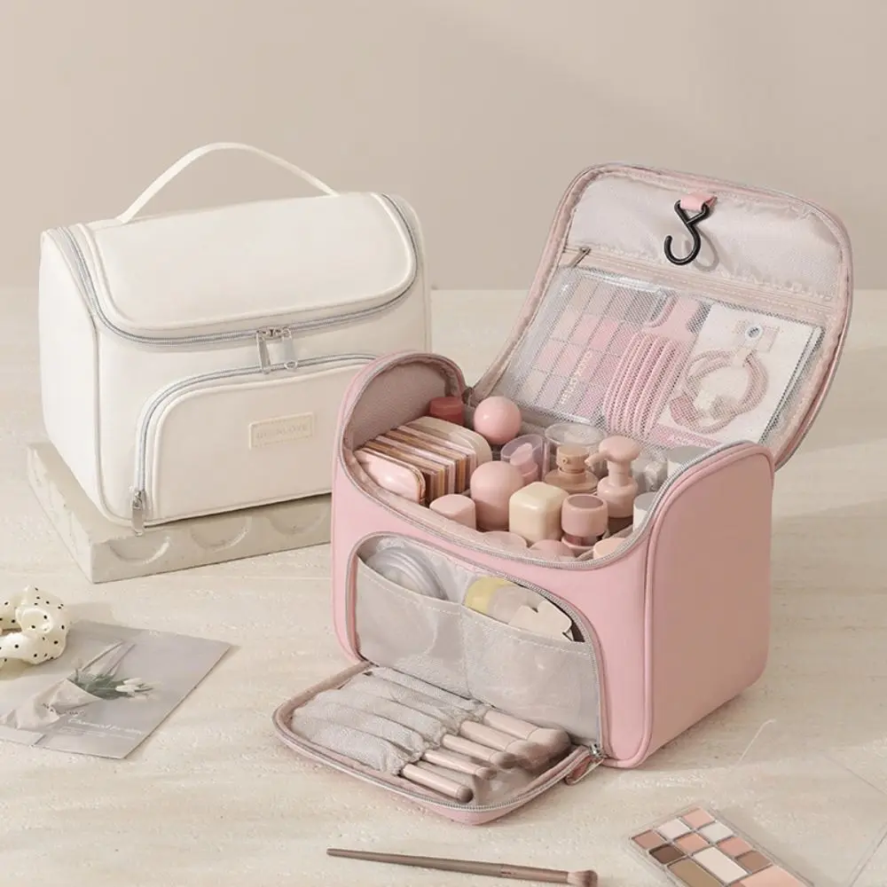 Multi Compartment Cosmetic Bag Double Zipper Front Pocket Makeup Organizer Bag Carry Handle Portable Travel Makeup Case