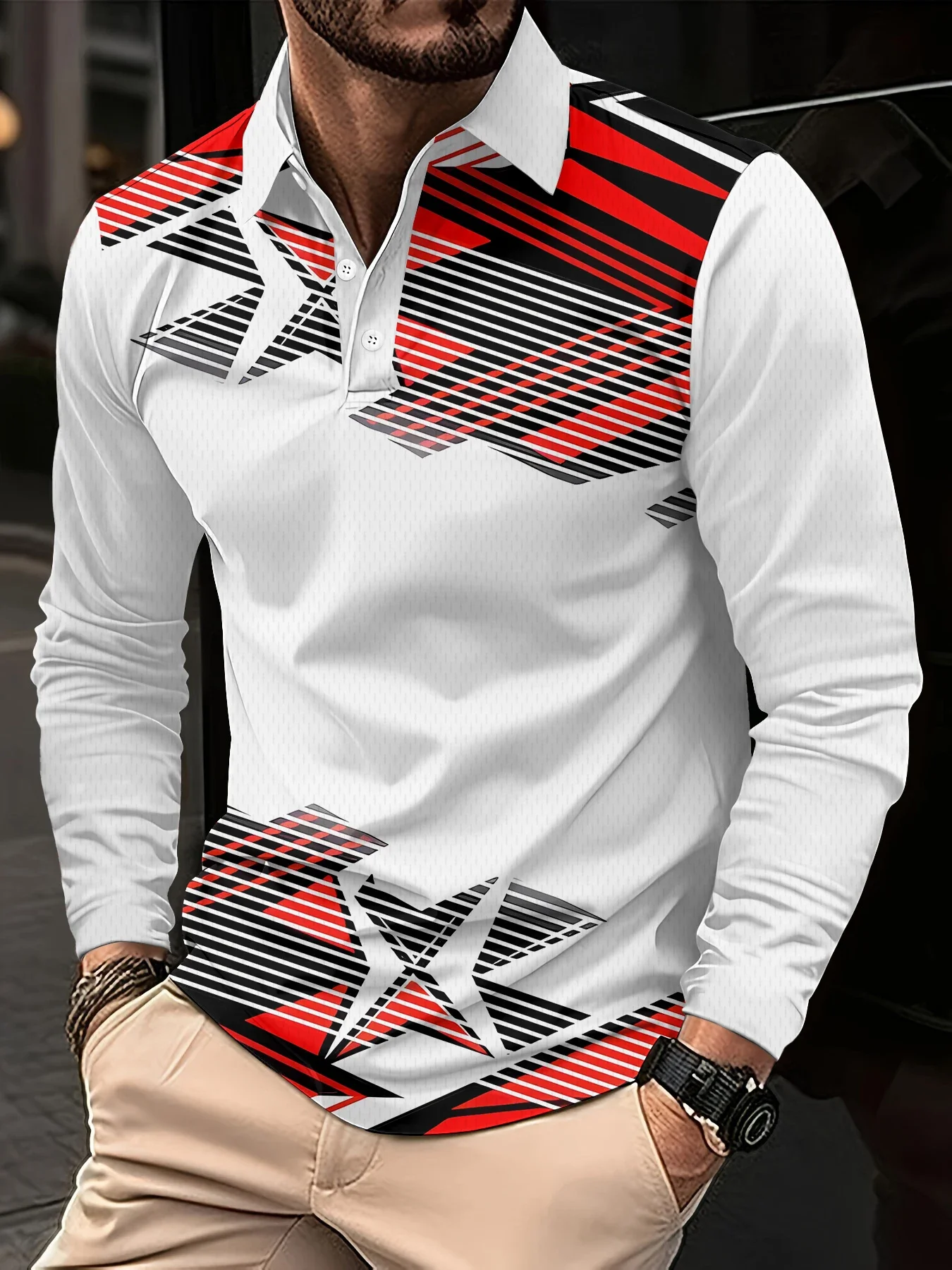 

3D Print Simple Geometric Pattern Polo Shirt Fashion Business Casual Long Sleeve Pullover Autumn Winter Outdoor Street Loose Top