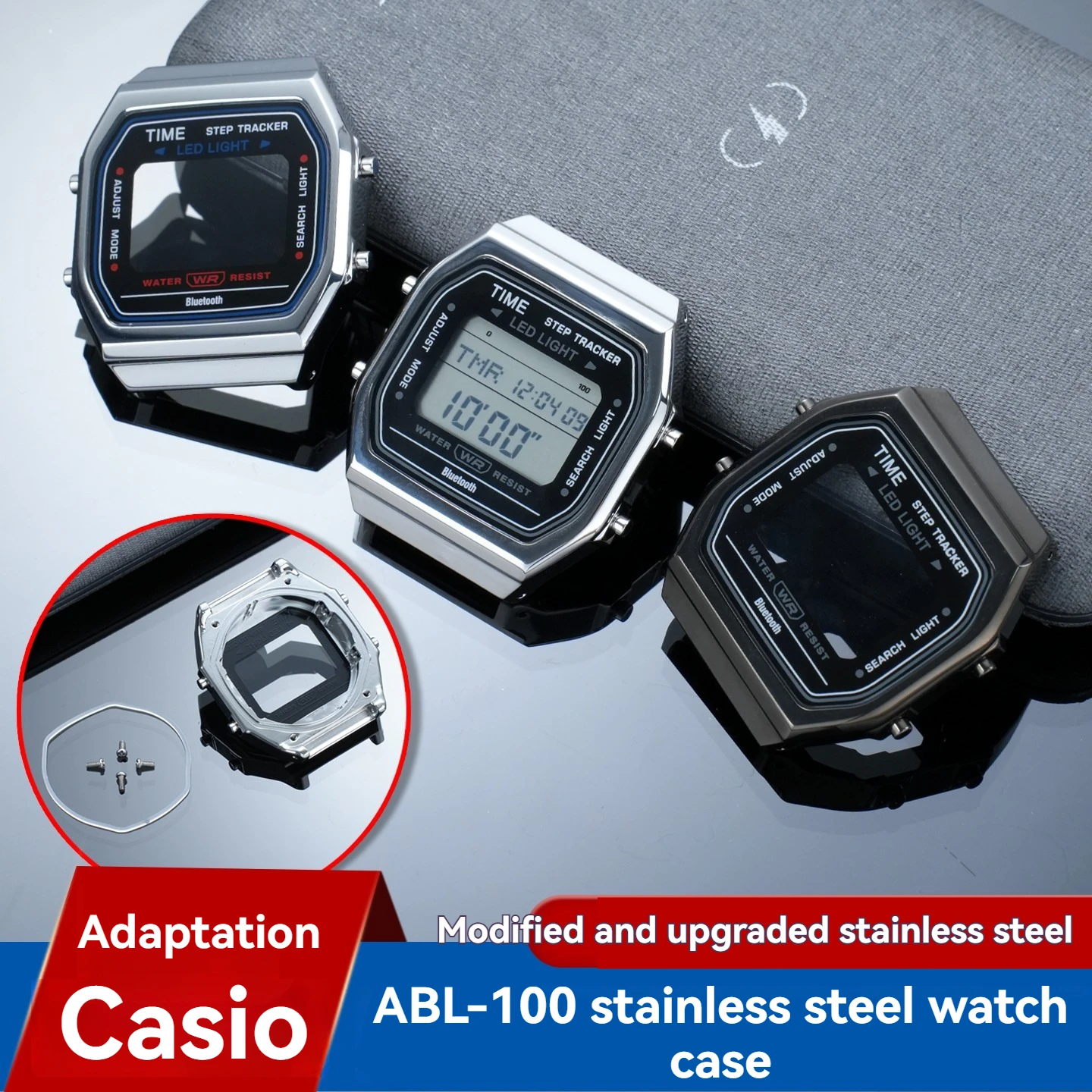 Upgrade Stainless Steel Case Mod Kit for Casio 3565 ABL-100WE ABL-100 Retro Digital Watch, Silver Metal Bezel Replacement Parts