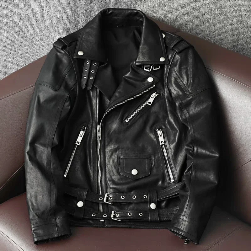 

New Sheepskin Motorcycle Leather Jacket Genuine Leather Coat Men's Fashion Slim Lapel Jacket Autumn Genuine Leather Jacket