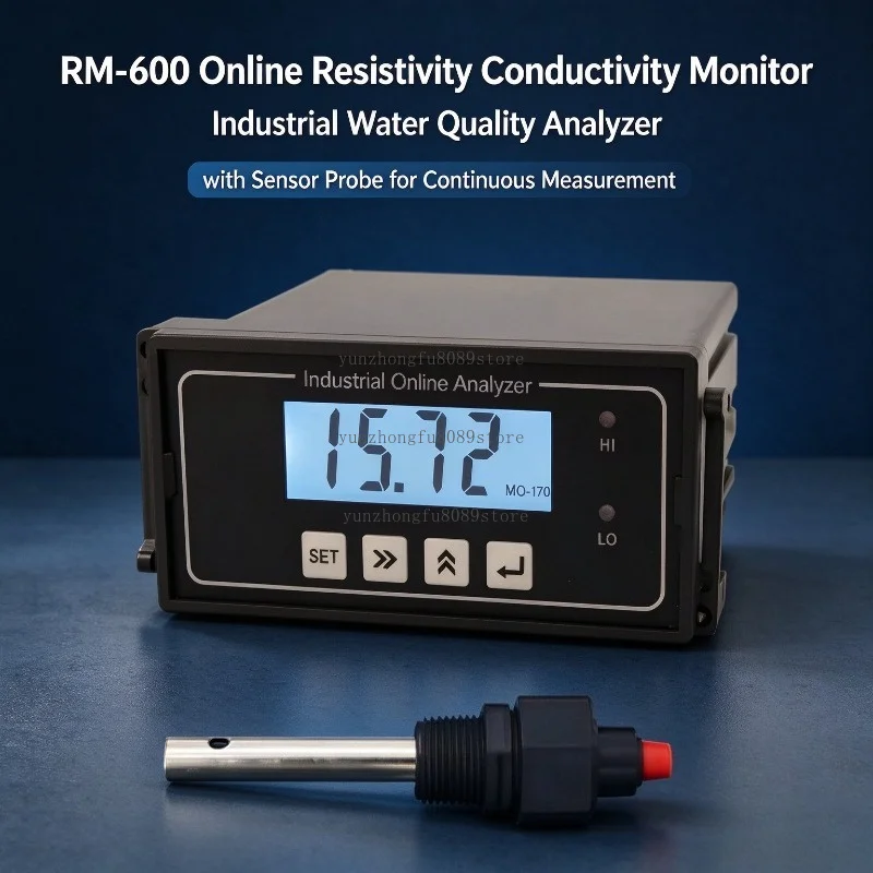 RM-600 Online Resistivity Conductivity Monitor, Industrial Water Quality Analyzer with Sensor Probe for Continuous Measurement
