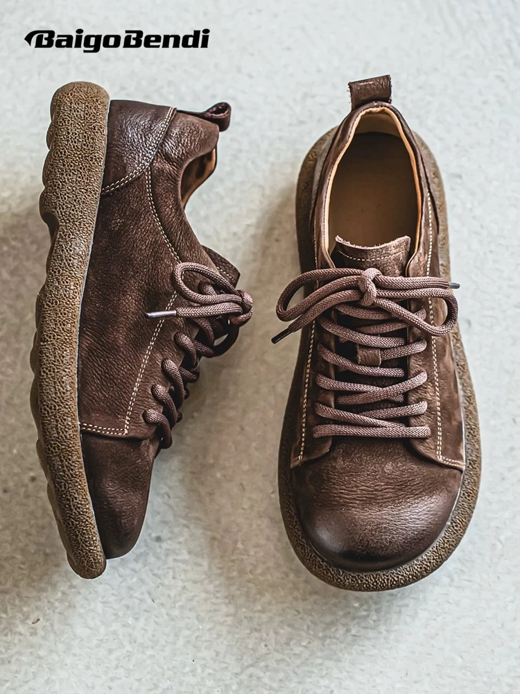 

Men's Nubuck Leather American Style Handmade Vintage Workwear Young Male Leisure Top Layer Big Head Cowhide Shoes