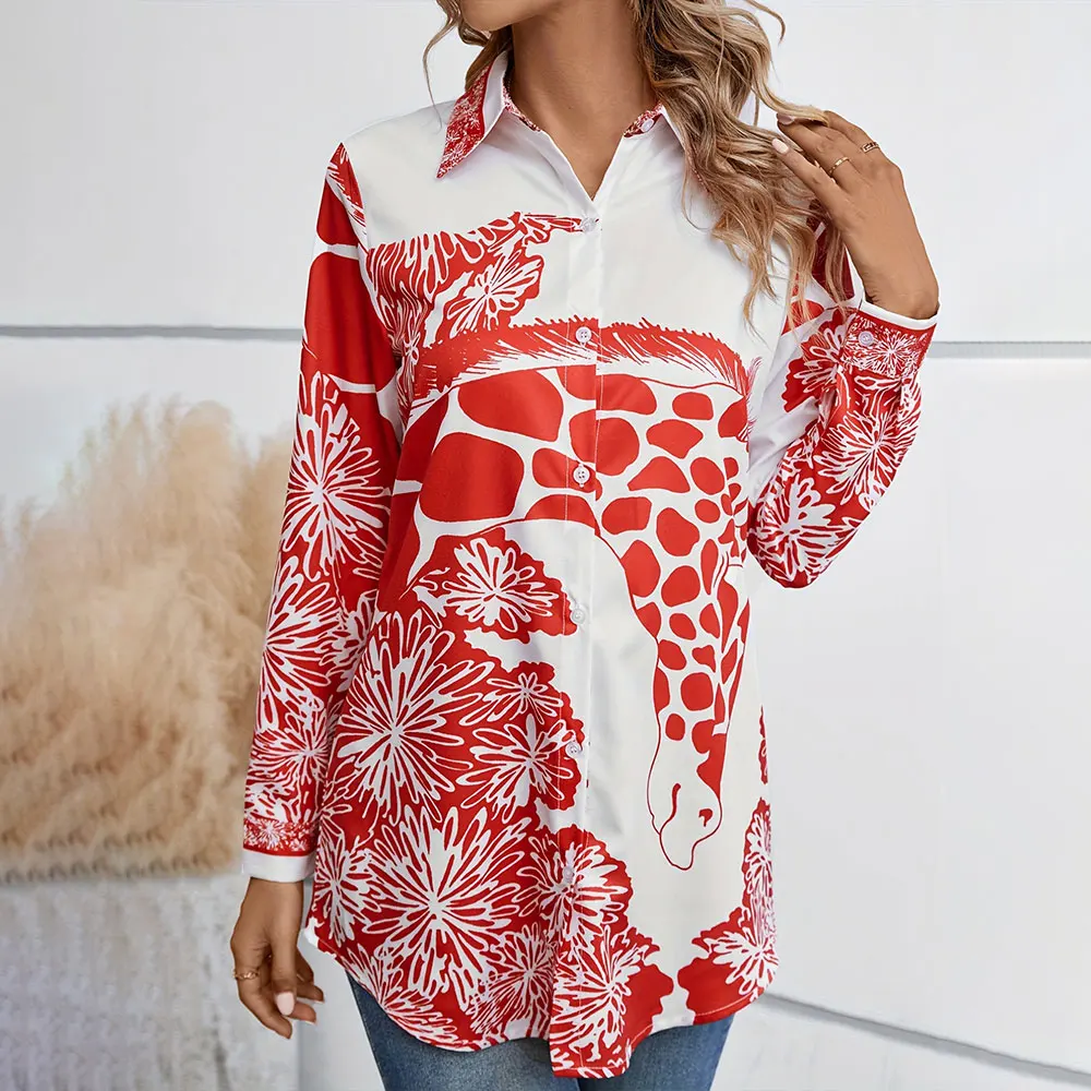 Women'S Summer Fashion Giraffe Print Button-Down Shirt Women'S Elegant Long Sleeve Evening Dress Hawaiian Vacation Casual Top