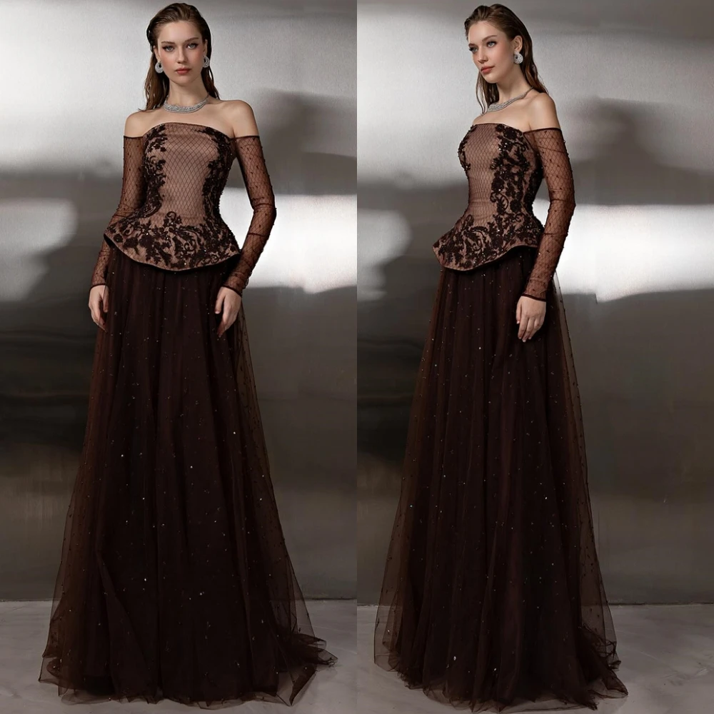 Robe de soirée en Tulle exquise personnalisée, avec des Appliques délicates, col bateau, robes de bal formelles à manches longues, robes d'occasion spéciale