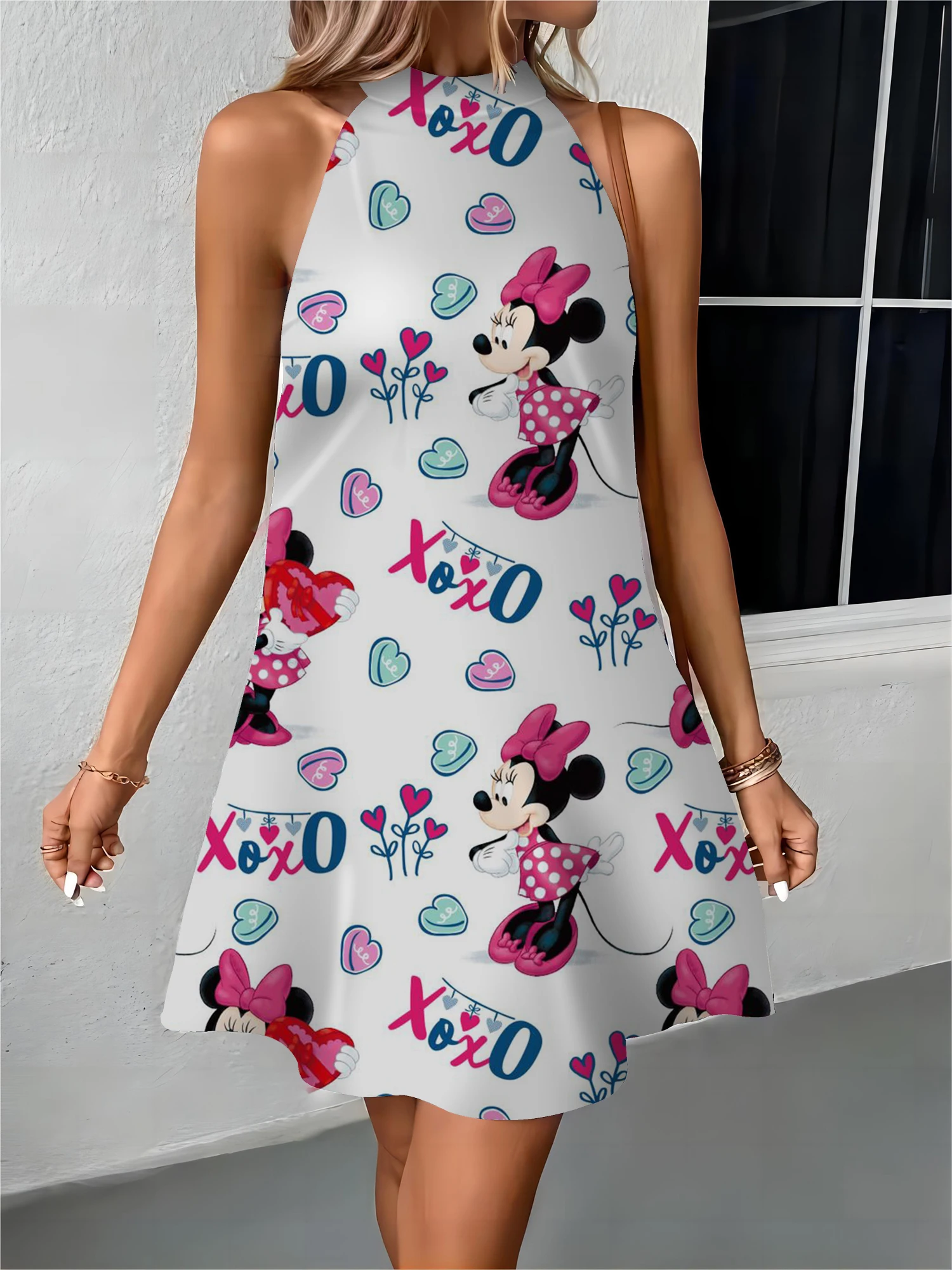 Vestido de fiesta elegante con lazo para mujer, delantal de Mickey, Minnie Mouse, hombros descubiertos, Disney, moda de verano, 2024