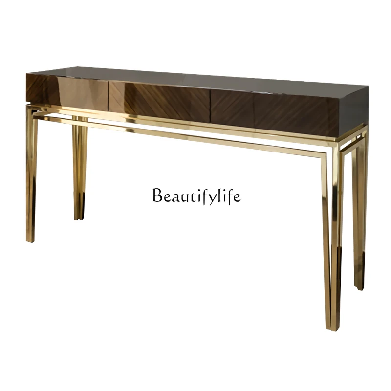 

Light luxury home against the wall high porch table mirror champagne gold ebony drawer side cabinet