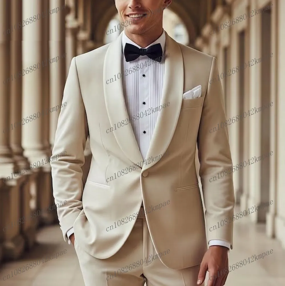 

Новый бежевый бархатный мужской костюм, деловой костюм для жениха, жениха, свадебной вечеринки, выпускного вечера, мужские смокинги, комплект из 2 предметов, пиджак, брюки