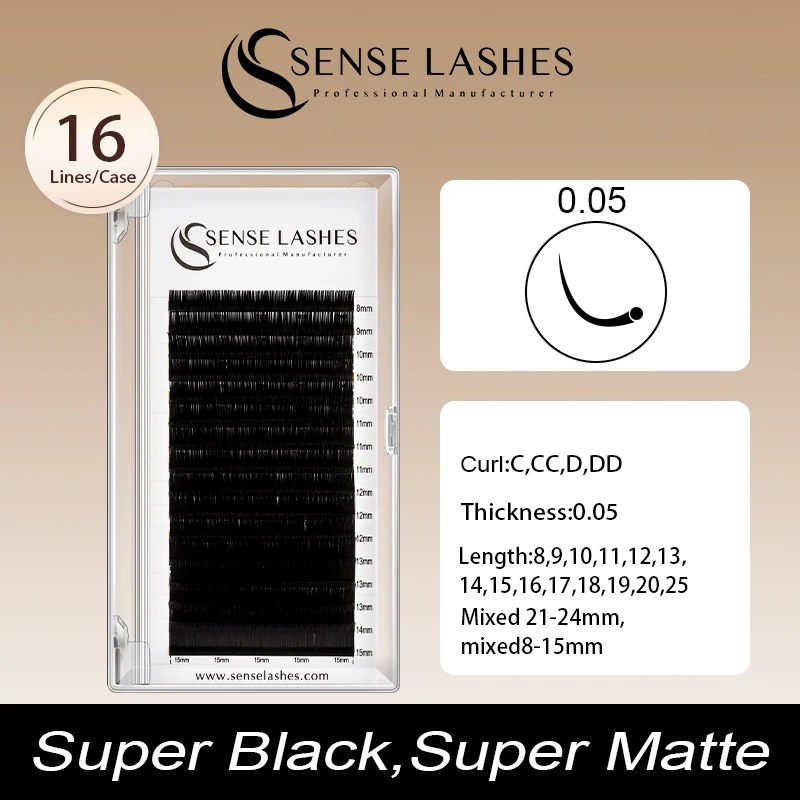 Sense cílios 16 linhas cílios individuais 0.05 c/cc/d/dd onda 8-25mm premium fosco preto cílios extensões de chicote profissional