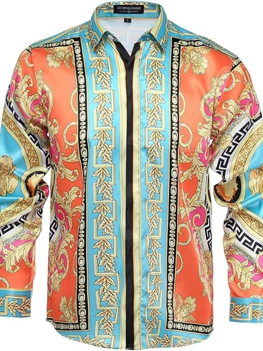 

Color Blo Print Long Sve irt Stand Collar Faion Urban Polyester Fiber Men's irt Easy Care Deformation Resistant