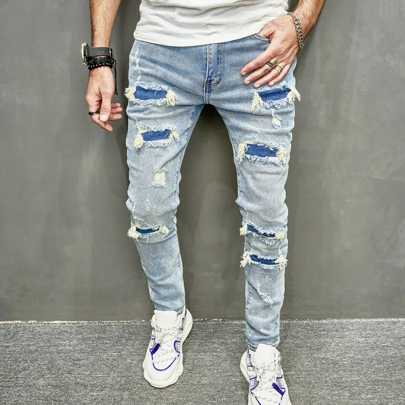 

Men's Ripped Stretch Jeans Small Legged Casual Cotton Long Trousers mid Waist Zipper Fly Comfortable Autumn Wear Water Waed