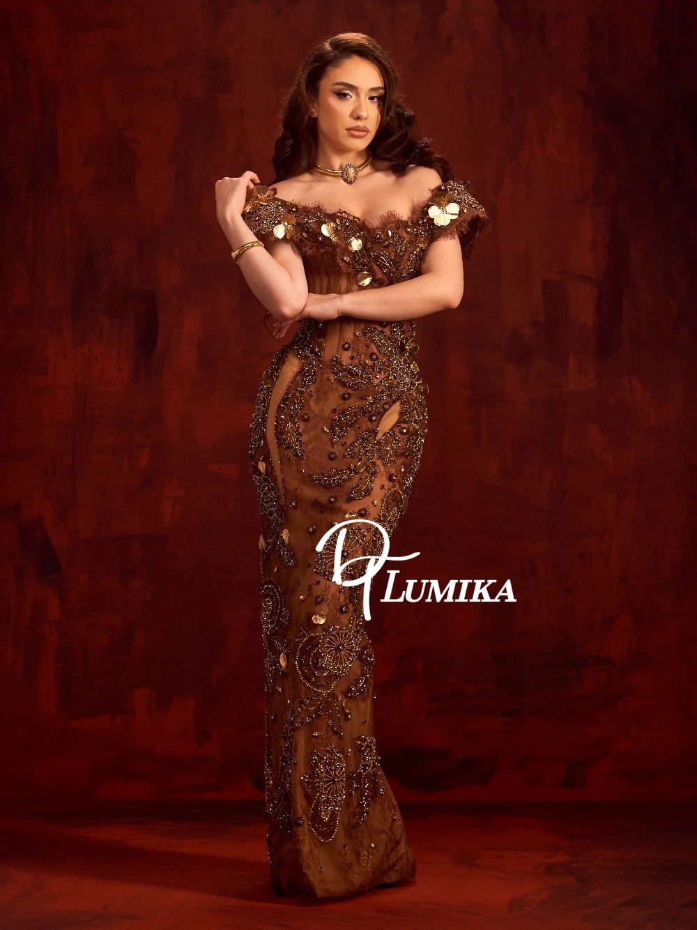 

Роскошное коричневое вечернее платье русалки с открытыми плечами, блестящее вечернее платье для выпускного вечера с тяжелыми бисером и блестками для женщин, праздничное платье 2026