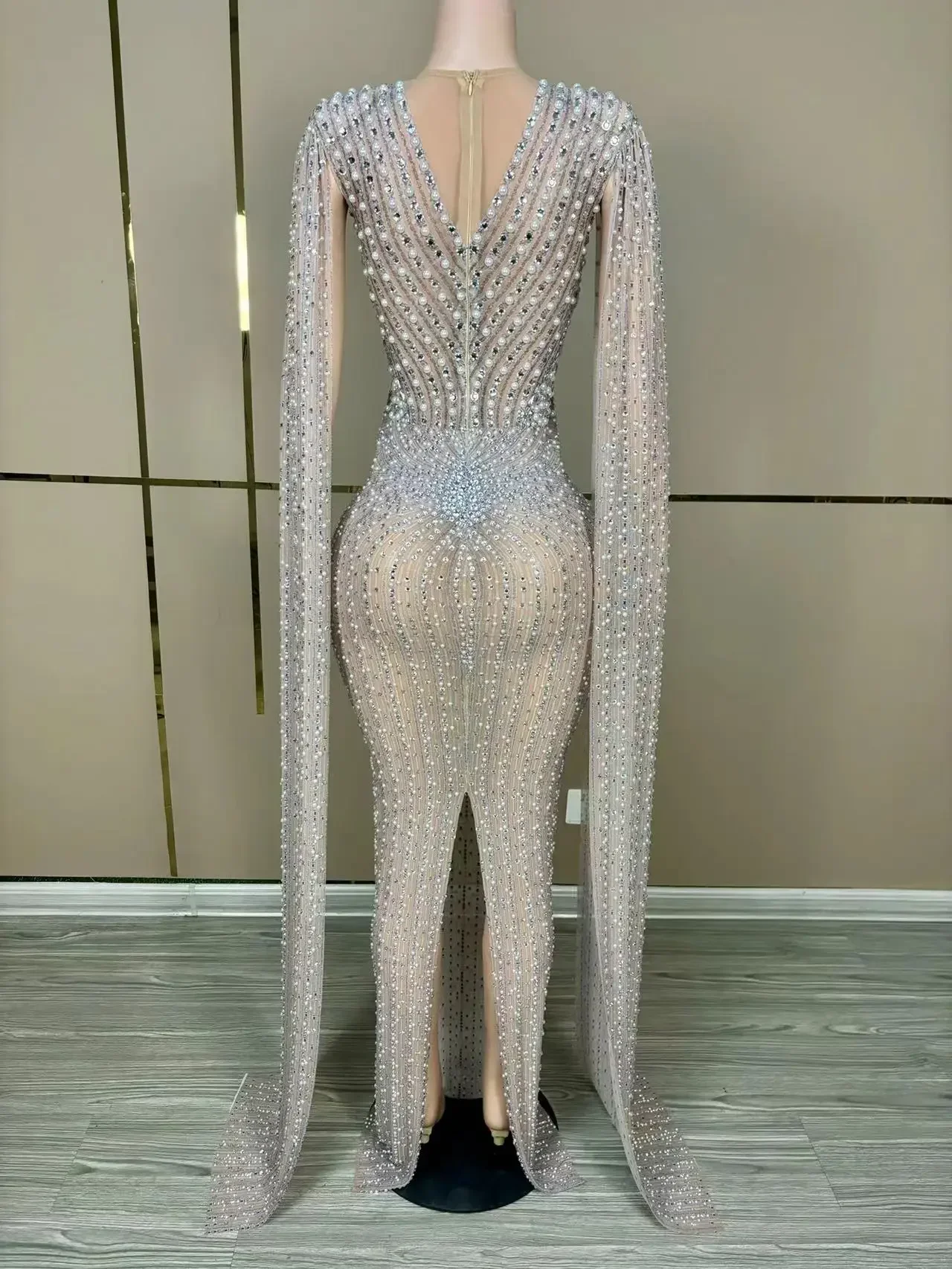 Birthday Evening Party Performance Nightclub Singer Photo shoot Dress Sexy Luxury Rhinestone See Through Back Slit Sheath Dress