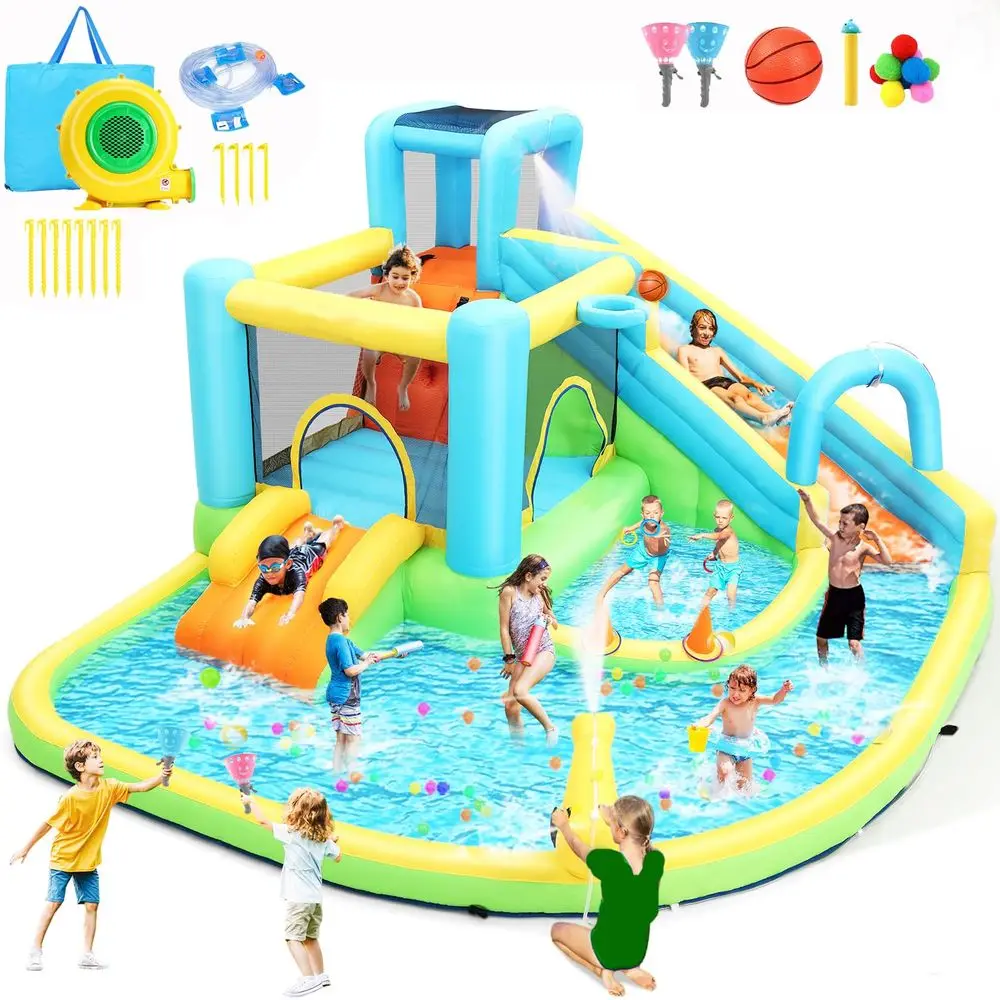 

Water Slide for Kids 13in1 Waterslide Bounce House w Blower, Inflatable Water Slides Park w 2 Slides amp Pools, Jumping Area, C