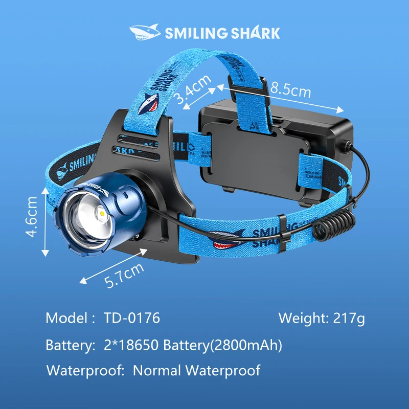 Smiling Shark TD0176 Rechargeable Headlights, Zoomable Headlamp, With Fresnel Lens, perfect for Outdoor Hiking, Night Fishing