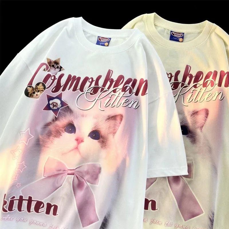 

Sweet and Cute Bow Cat Print T-shirt for Women Pure Cotton Summer Fashion Trend Casual Comfy Couple Short Sleeved Top Harajuku