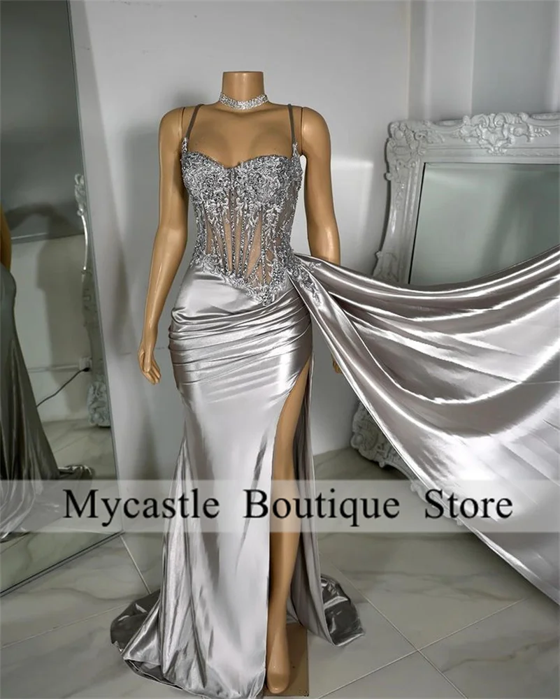 Silver Beaded Spaghetti High Split Prom Dress 205 For Black Girl Mermaid Evening Dress Wedding Party Formal Gowns Customized