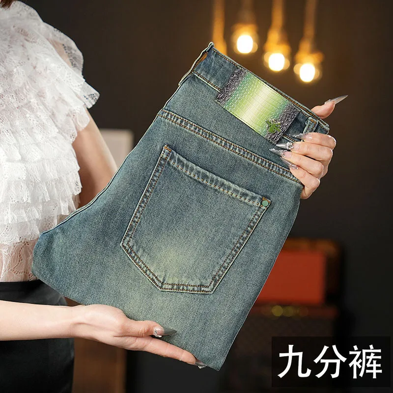 Pantalones vaqueros verdes retro de verano para hombre, pantalones largos de mezclilla versátiles informales, ligeros, de lujo, a la moda, elásticos, ajustados, pies pequeños