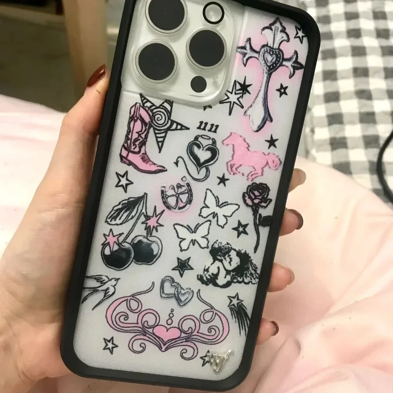 حافظة لهاتف آيفون 12 13 14 15 16 17 Pro Max Plus wf بكعب عالٍ متقاطع على شكل زهرة برية ﻿