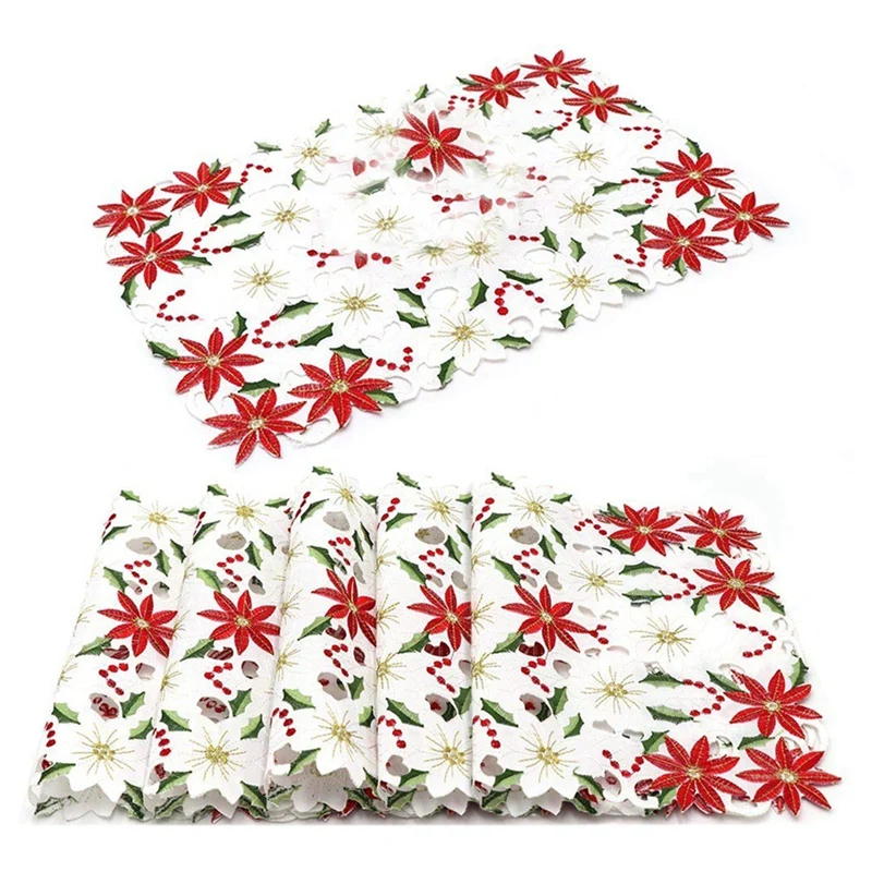 Placemats Set Of 6 Embroidered Christmas Poinsettia & Holly Design, 11X17 Inch Christmas Table Decor Durable Easy To Use