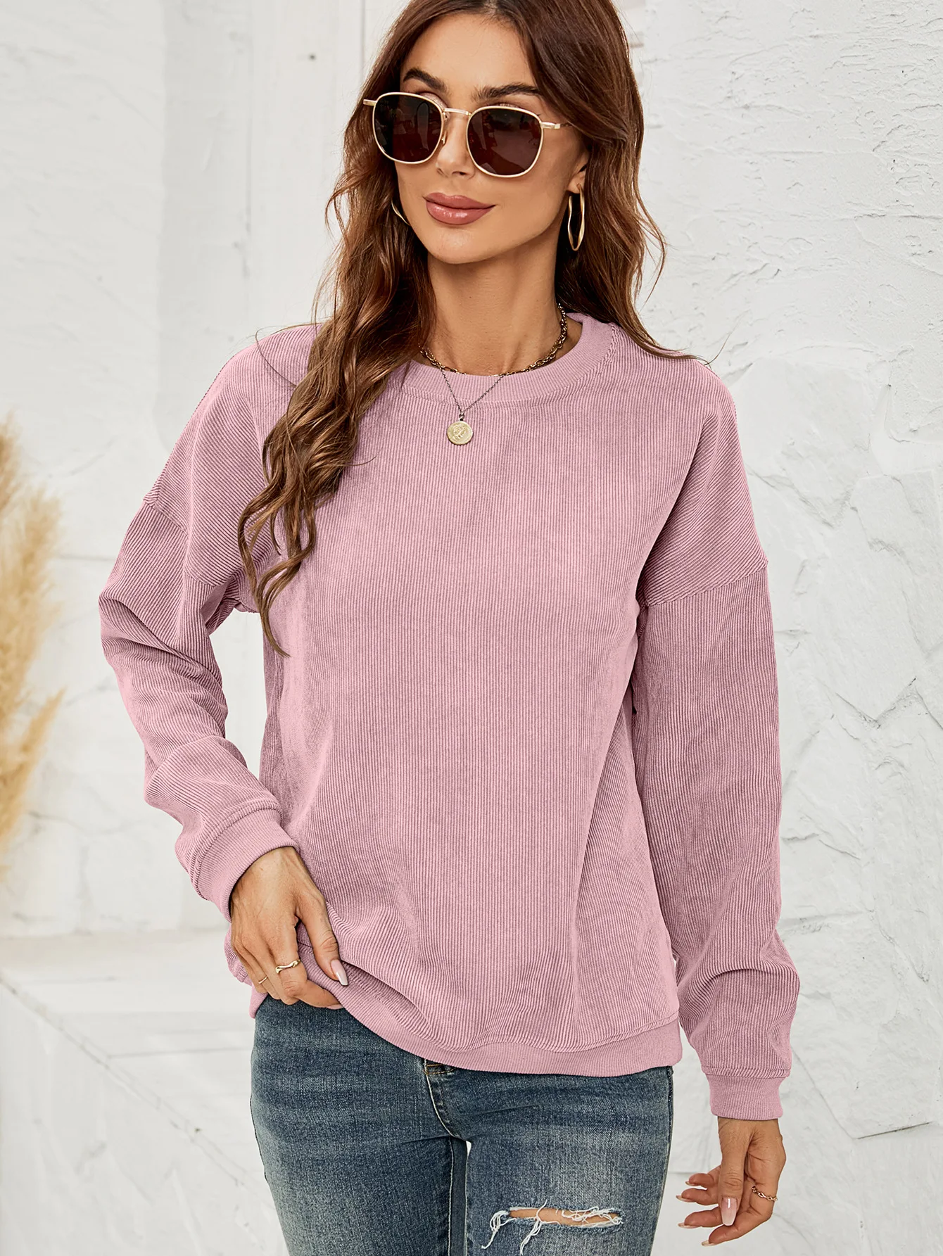 

2025 Women's Round Neck Long Sleeve Solid Color Autumn And Winter Casual Pullover Versatile Commuting Top Herbst Pullover Damen