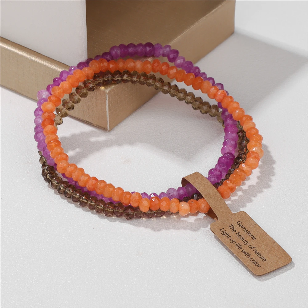 3pcs/Lot Faceted Natural Stone Beaded Bracelets With Wish Card 3*4mm Multicolour Crystal Elastic Bracelet Women Men Healing Gift
