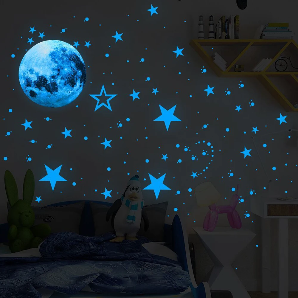 Luminous Moon Stars Kids Room Wall Sticker Baby Nursery Home Decor Wall Sticker Glow in the Dark Bedroom Ceiling Glow Sticker