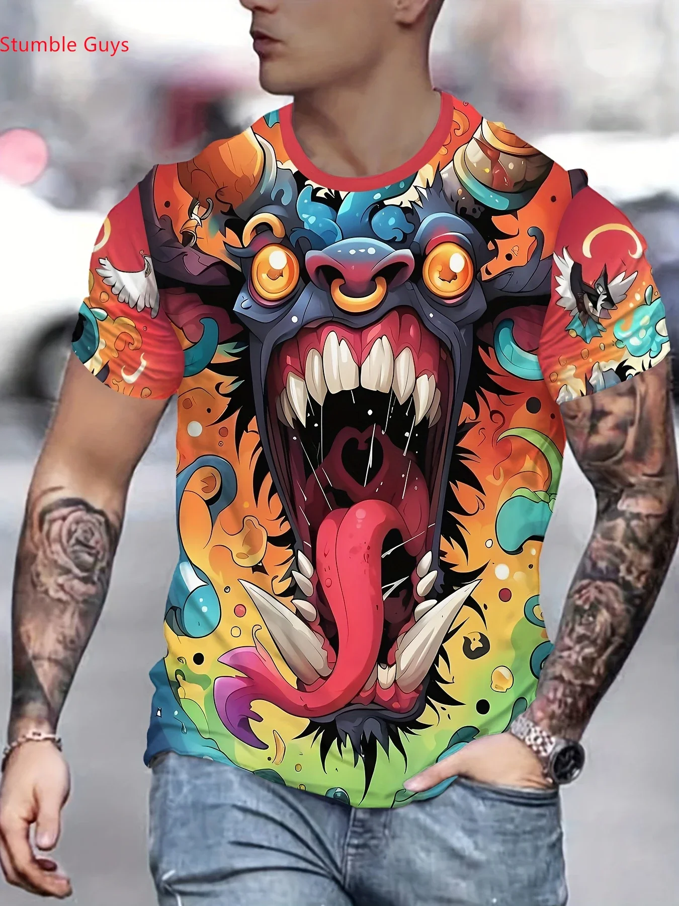 Men's Fashion Urban Short Sleeve T-Shirt Summer Casual Quick Dry Breathable Printed Sportswear