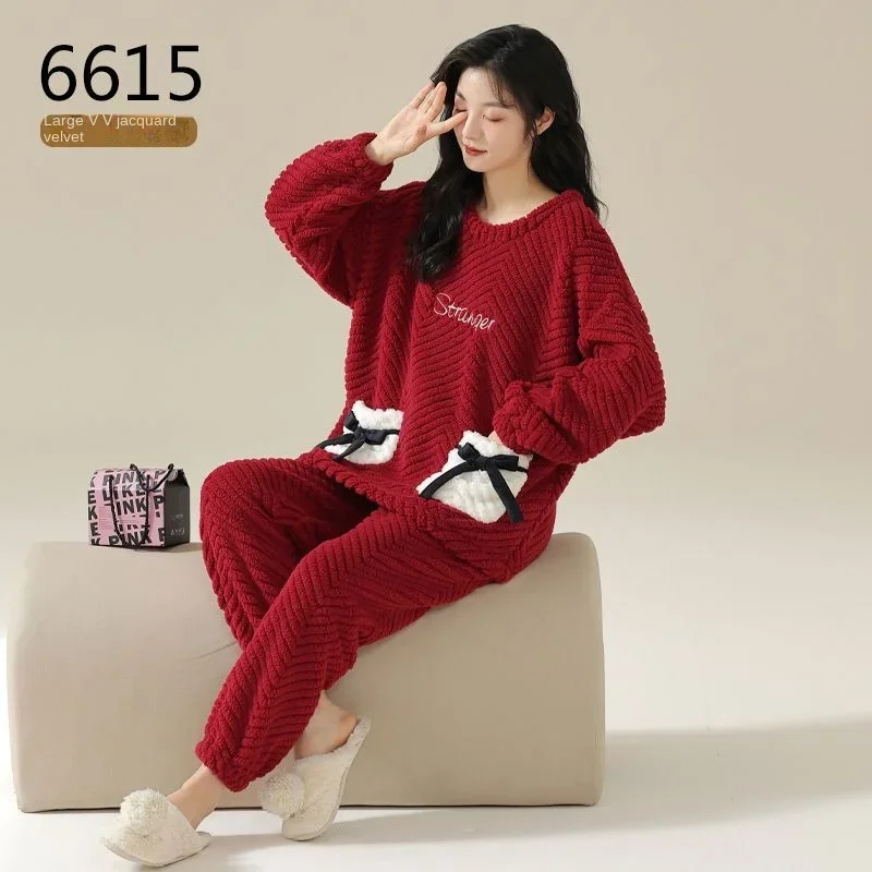 Coral Fleece Pajamas Girls Red Festive Cartoon Autumn and Winter Thickened Fleece Student Flannel Loungewear Set Comfortable