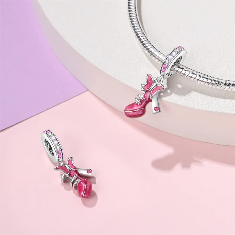 Charms Original 925er Silber vergoldet rosa hochhackige Schuh-Anhänger-Perlen für Armband, DIY, feines Geschenk, Frauen, zarter Schmuckzugang