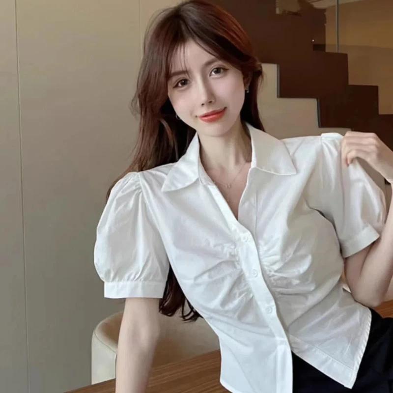 Summer Sweet Cute Puff Sleeve White Shirt New Sexy Pleatedy Slim Turn-down Collar Short Blouse Elegant Fashion Women Clothing