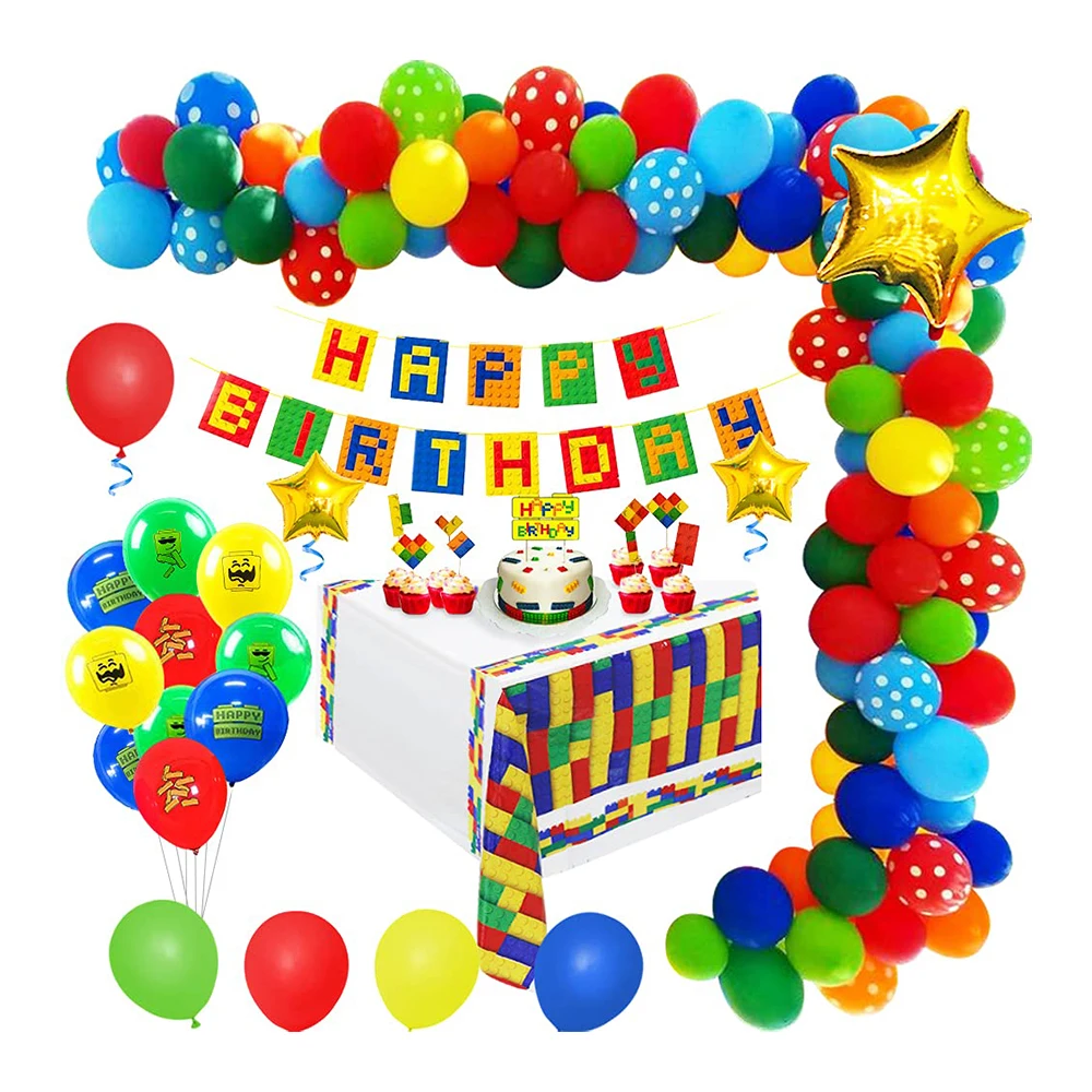 Building Block Theme Birthday Balloon Arch 1 2 3 4 5 Year Boy Girl Birthday Decorations with Tablecloth Holiday Party Supplies