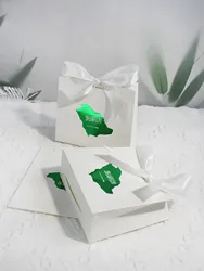 Elegant Saudi National Day Gift Box with White Ribbon and Green Map Design - Ideal for Special Occasions and Corporate Gifts