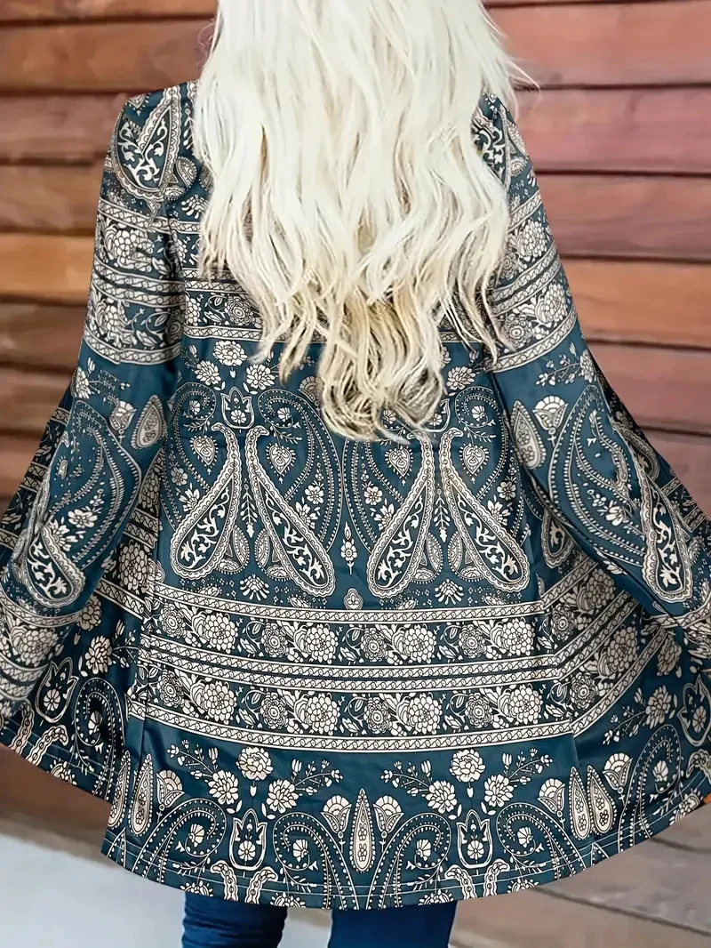 Women's Fashionable Spring and Autumn Printed Buttonless Cardigan Long-Sleeved Thin Coat