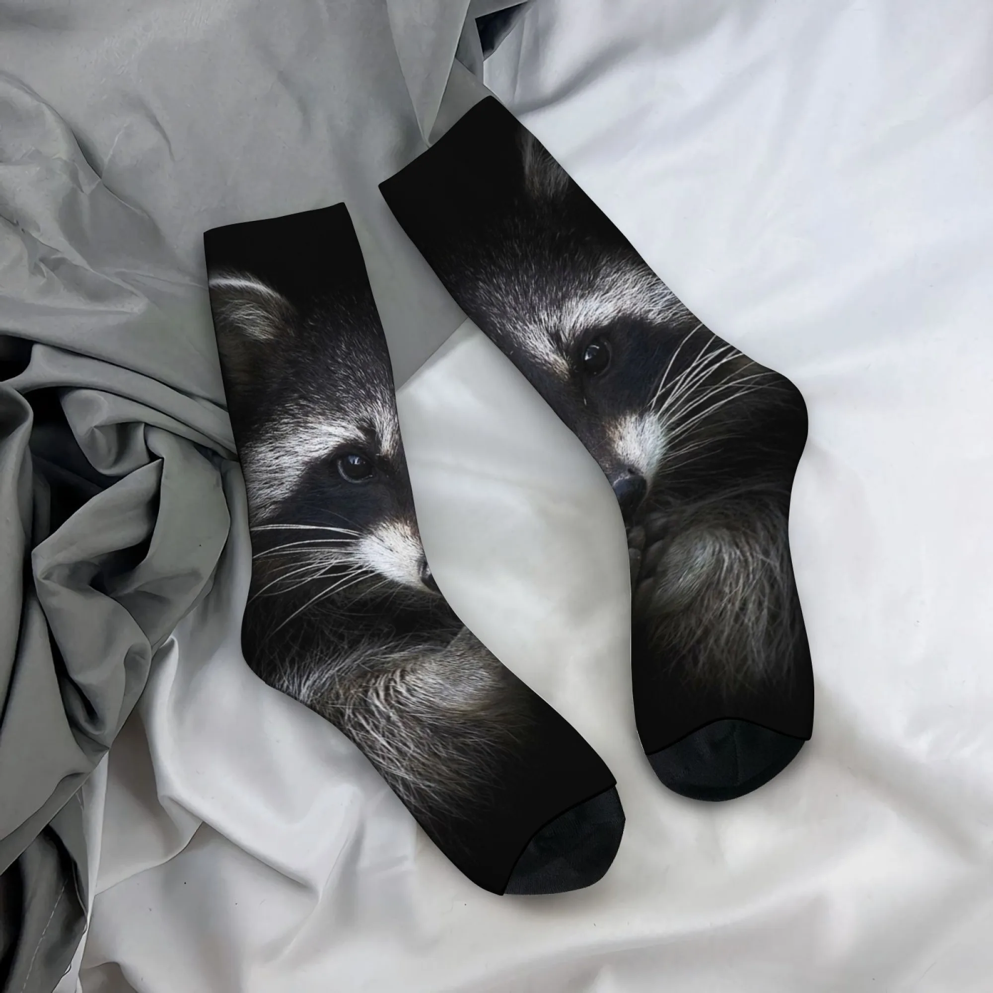 

Realistic Raccoon Print Mid-calf Socks Adorable Raccoon Covering Its Mouth Socks Cute and Comfortably Breathable for Casual Wear