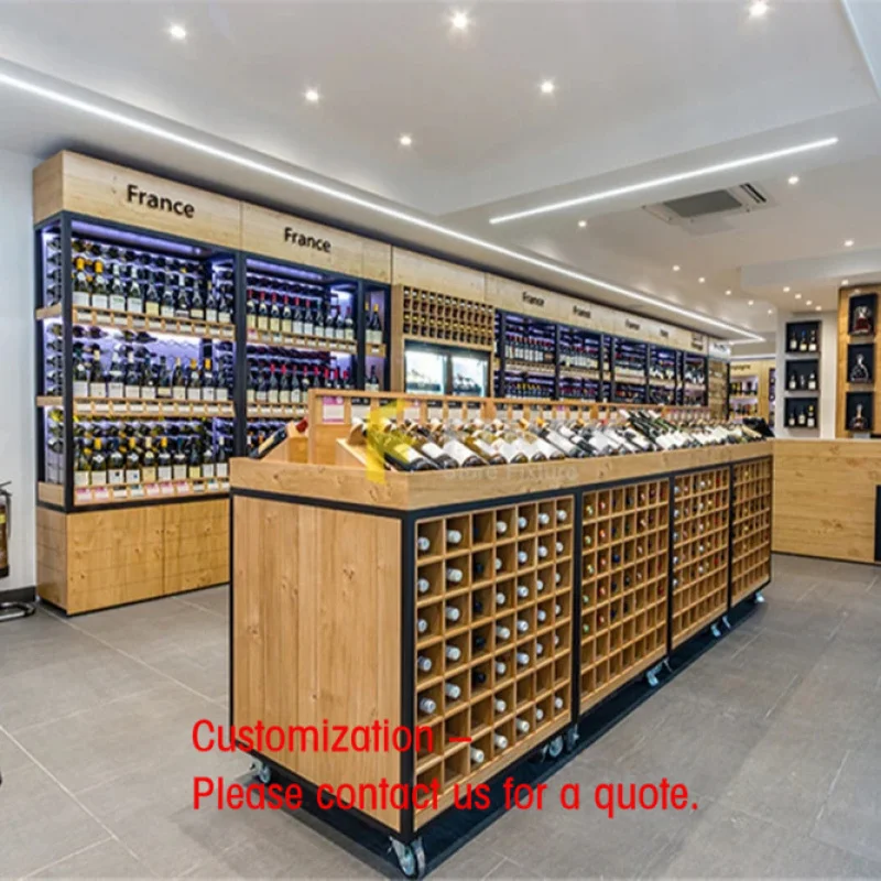 custom.Retail Wine Shop Interior Design Decoration Wine Custom Shop Wooden Metal Shelf Rack Wine Display Cabinet