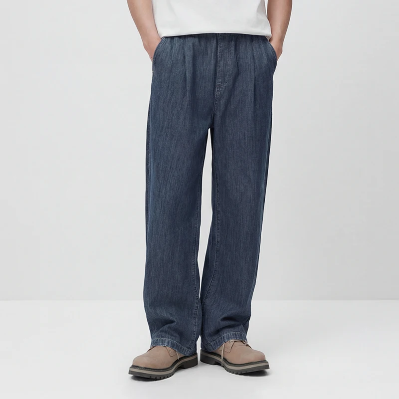 Semir Men Pants Denim Cotton Skin Friendly Loose Wide Leg Elastic Waist Drawstring Micro Pleated 2026 Summer Casual Style Fashio