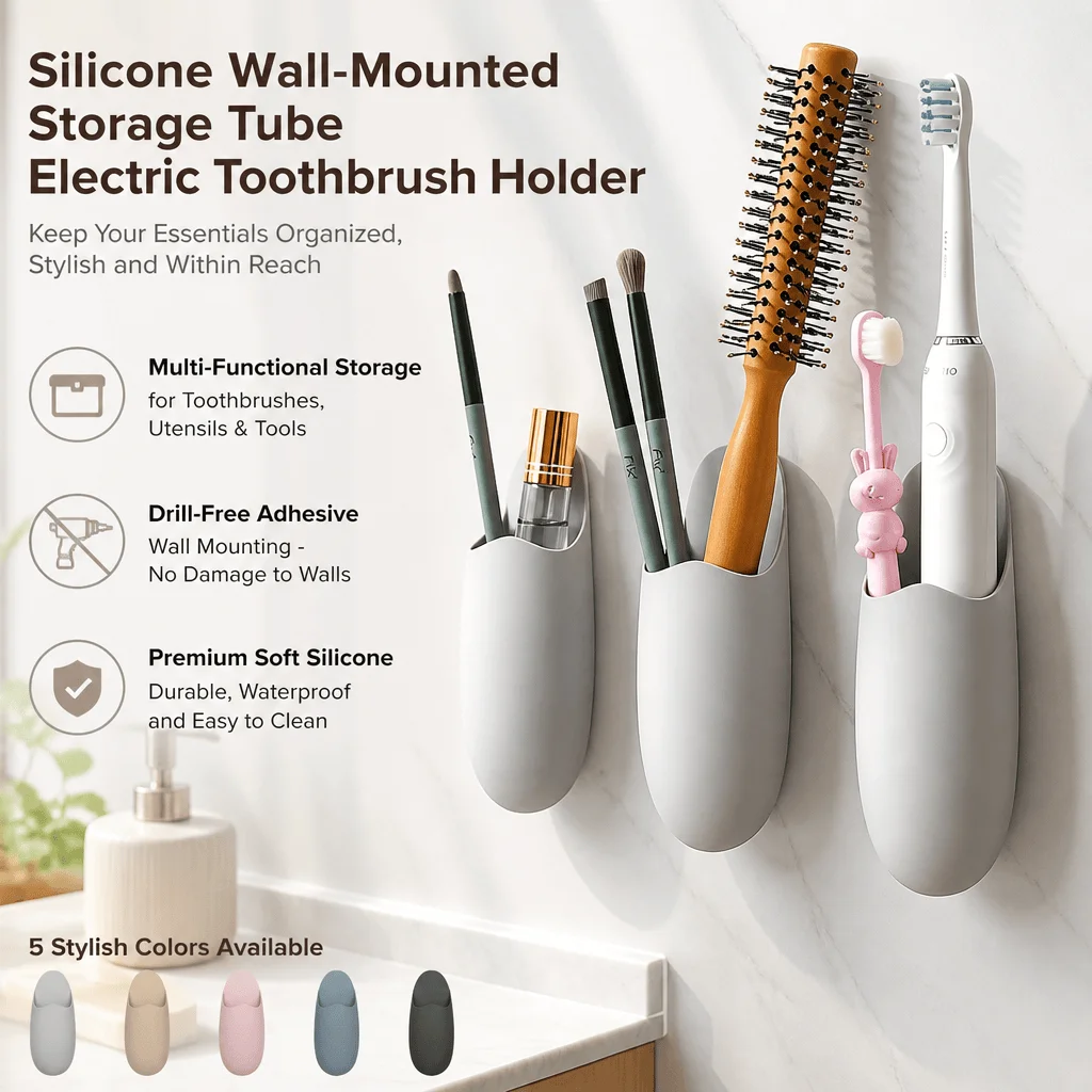 Toothbrush Holder Wall Mounted Silicone Storage Rack Drill Free Bathroom Kitchen Organizer Space Saving Cup Makeup Brush Holder