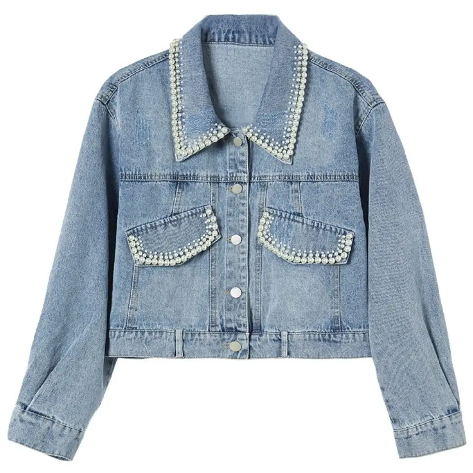 

Vintage Beaded Denim Short Jacket For Women Korean Style Loose Outwear 2025 Spring Autumn Casual Long Sleeve Jeans Coats