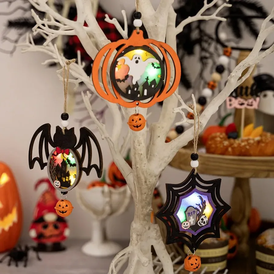 Halloween Wooden Glowing Lamp Pendant Pumpkin Bat Spider Ghost Festival Hanging Ornament Spooky Atmosphere Decor Supply
