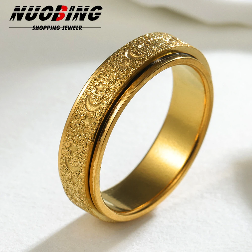 Vintage Punk Frosted Stainless Steel Moon And Star Fidget Rings For Men Anti Stress And Anxiety Rotating Anillos Bohemian Style