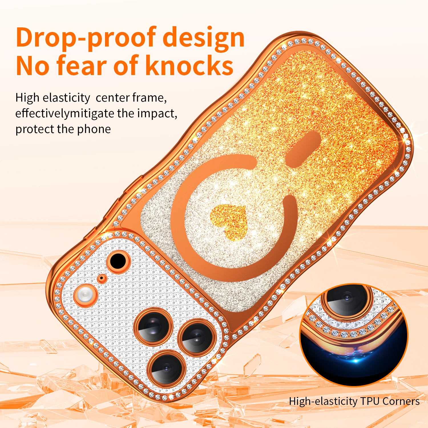 Electroplating TPU Cover For iPhone 17 Pro Max Air 14 15 16 Plus Pro Max Case Clear Heart Glitter Wavy Magnetic Shockproof Shell view 6
